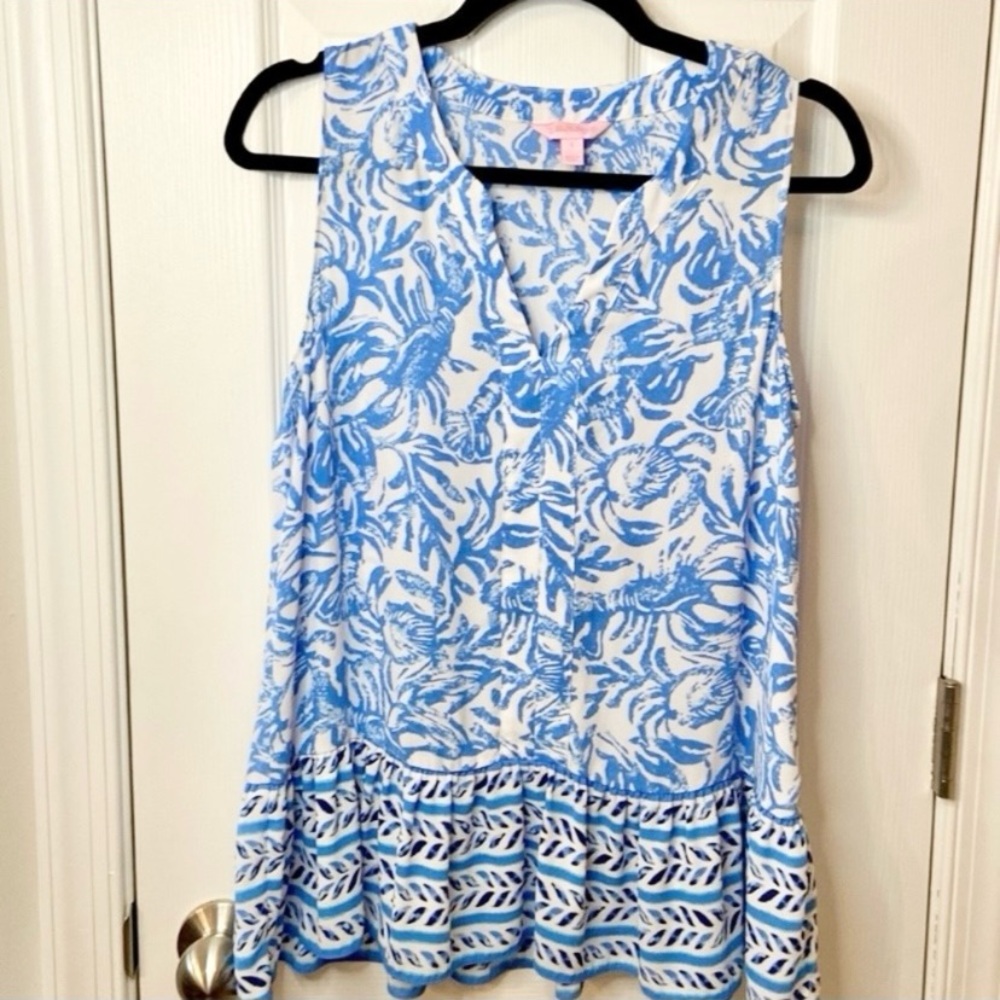 Lilly Pulitzer Gramercy White on Roll Ruffle Sleeveless Top Lobster Crab Size S